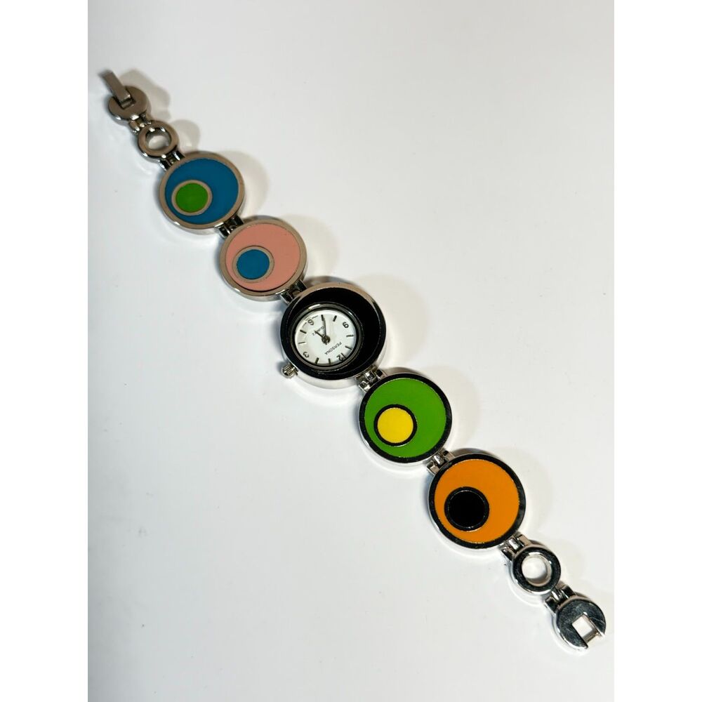 Persona Women's Colorful Enamel Bracelet Quartz Watch Silver Tone
